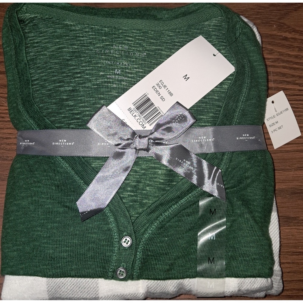 New Directions 3pc PJ Set, Green Top, Gray & White Pants